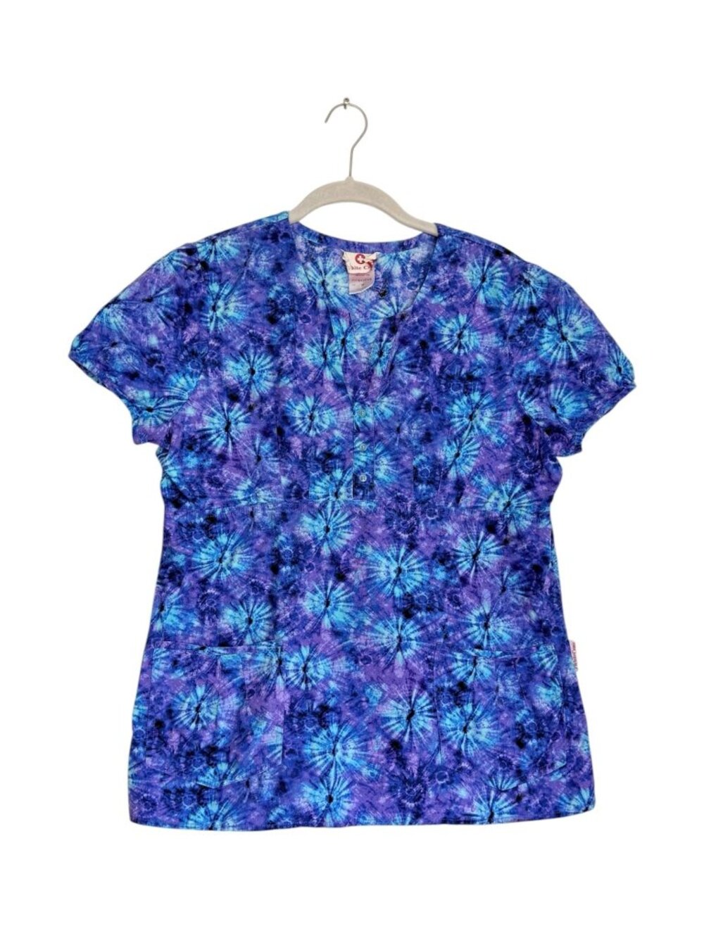 White Cross Tie Dye Short Sleeve Nursing Scrub Top Blue Purple Starburst - Sz M